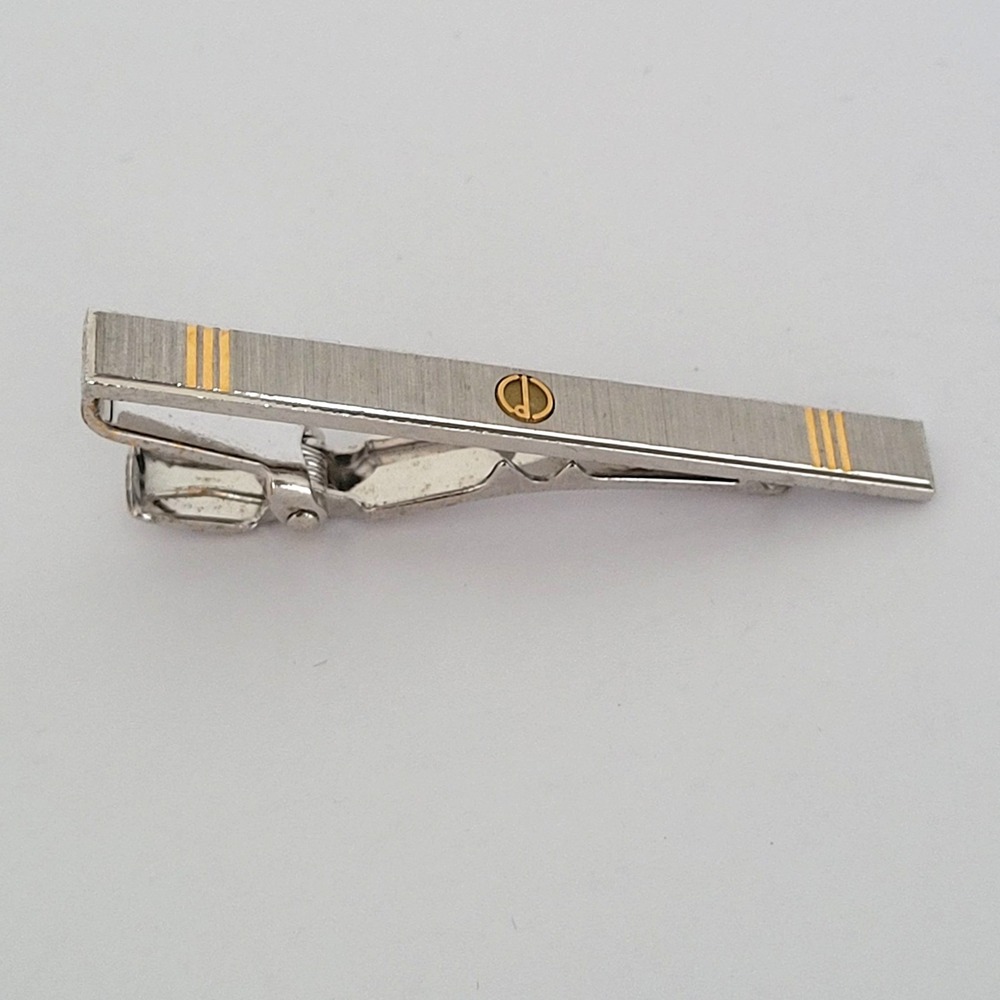 Dunhill Vintage Tie Clip Silver Gold Tone Logo Brushed Metal Mens Accessory
